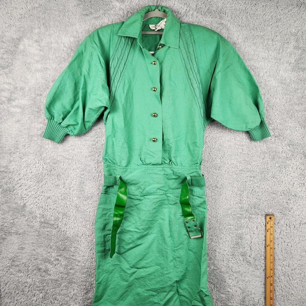 Vintage Teri Jon Dress Womens 6 Green Belted Shirt Sheath 80s Neiman Marcus Knit
